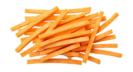 Isolated pile of julienned raw carrots ready to be cooked, vegetarian ingredient snack