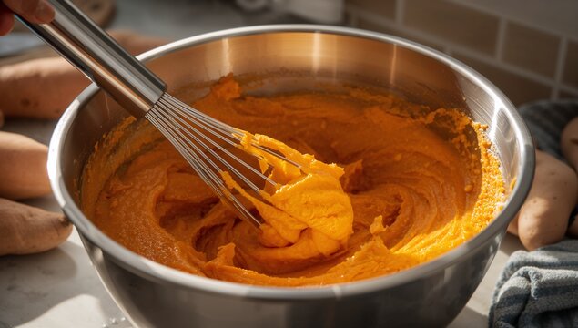 Hand whisking orange puree with metal whisk in steel bowl on countertop, sweet potatoes nearby - Powered by Adobe