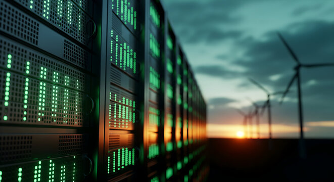 Experience the future with this dynamic server room featuring advanced technology and wind turbines, symbolizing sustainable energy and innovation for a greener planet - Powered by Adobe