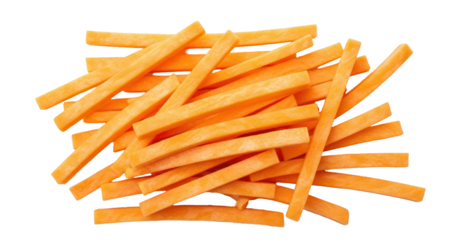 Isolated pile of julienned raw carrots ready to be cooked, vegetarian ingredient snack