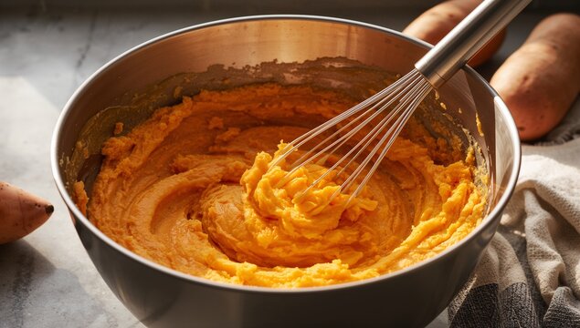 Whisking whisk lifting mashed sweet potato in steel bowl on counter, whole sweet potatoes and towel - Powered by Adobe