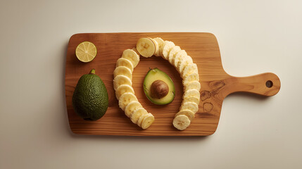 A wooden cutting board with sliced bananas, avocado, and a lime.