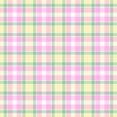 Seamless pastel pink, green, and yellow diagonal gingham plaid pattern background. Cheerful spring textile design for fabric, Easter, baby shower, or graphic use.
