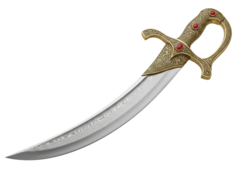 Isolated Damascus steel scimitar sword with golden hilt, medieval weapon with jewel detail