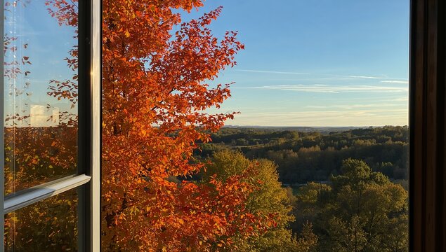 Framing deciduous tree with orange leaves through open window at home, faint glass reflections - Powered by Adobe