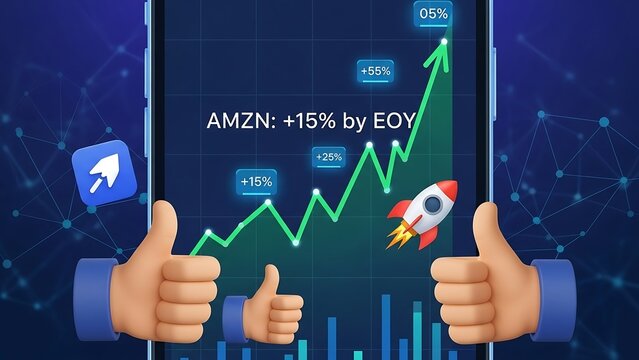 Amazon Stock Growth Illustration with Rocket and Thumbs Up.