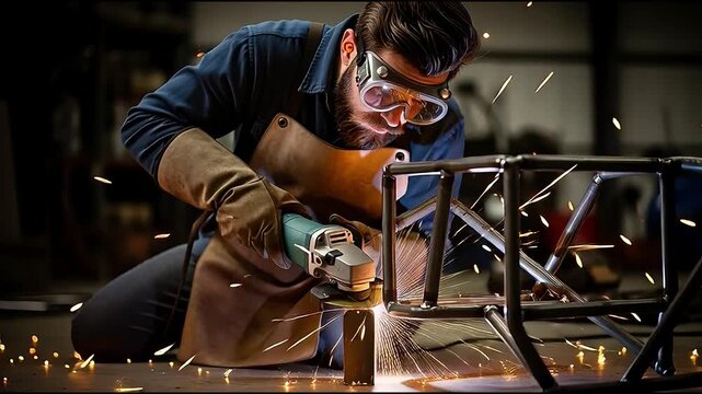 Bearded Man Grinding Metal with Sparks Flying
