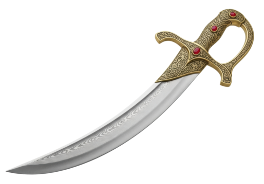 Isolated Damascus steel scimitar sword with golden hilt, medieval weapon with jewel detail