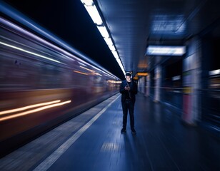 Obraz premium Person Standing Subway Platform Night Looking Smartphone Solitude