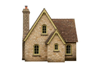 Isolated stone cottage with chimney and gable roof architecture, charming old home, England
