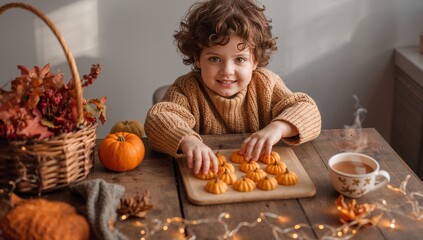 Arranging kid in camel knit placing pumpkin treats on wooden cutting board in kitchen, steaming mug