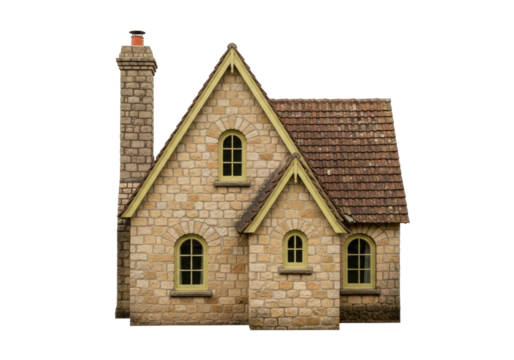 Isolated stone cottage with chimney and gable roof architecture, charming old home, England