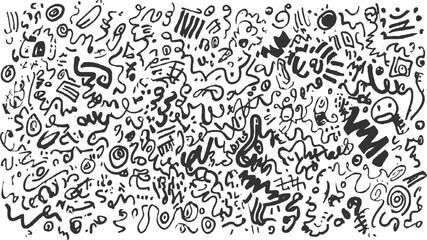 Black ink doodles and abstract shapes on white background bold