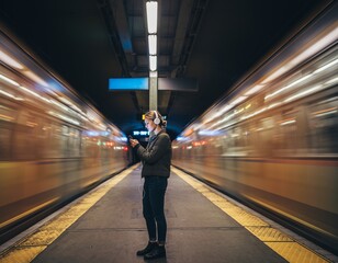 Obraz premium Person Standing Subway Platform Night Looking Smartphone Solitude