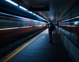 Obraz premium Person Standing Subway Platform Night Looking Smartphone Solitude
