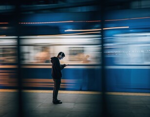 Fototapeta premium Person Standing Subway Platform Night Looking Smartphone Solitude