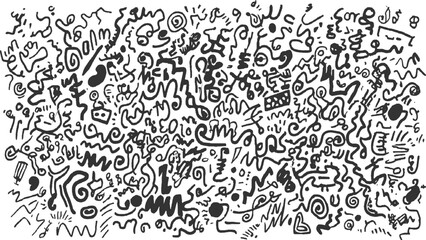 Black ink abstract doodle patterns on white background with swirls lines dots and shapes vector