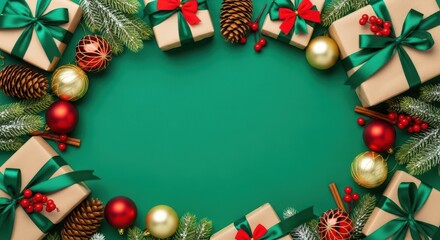 Christmas gift border frame on green background top view