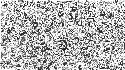 Black and white abstract doodle art with whimsical characters and shapes vector