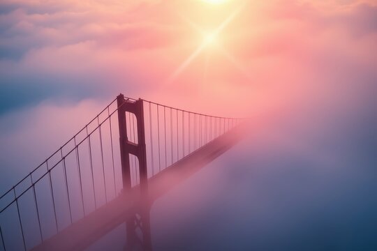 Fog envelopes bridge during sunrise, creating a serene landscape of mist and sunlight - Powered by Adobe