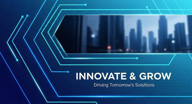 Futuristic cityscape graphic with glowing circuit lines and innovation text overlay - Powered by Adobe