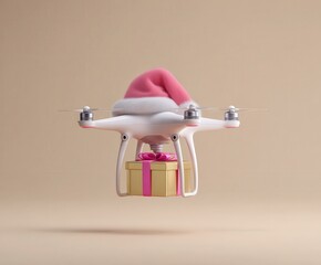 A drone in a pink Santa hat carries a gift