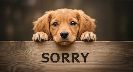 Adorable golden retriever puppy with pleading eyes resting on a wooden sign that reads "Sorry," conveying a heartfelt message of apology and forgiveness in a warm, inviting setting