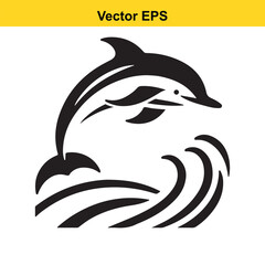 Naklejka premium Black and white vector silhouette of a dolphin jumping over ocean wave isolated on white background