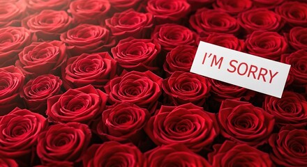 Red roses arranged beautifully with a white card saying I'm sorry, symbolizing forgiveness and love, perfect for expressing apologies and mending relationships in a heartfelt manner
