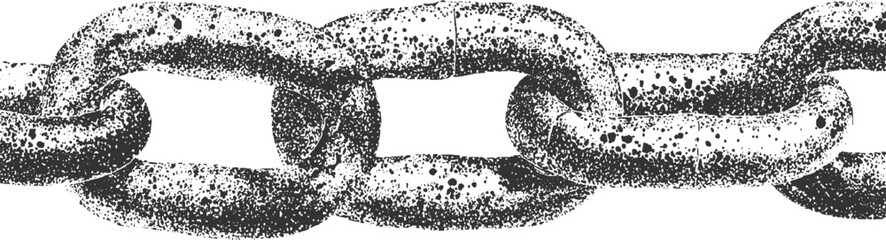 Textured black and white chain links interlocking on white background metal connection