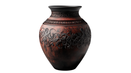 A stunning ceramic vase showcases detailed carvings with a dark finish, standing elegantly on a tabletop in soft light.