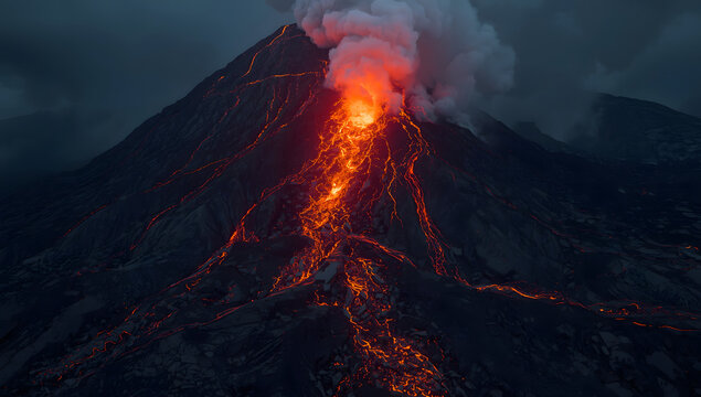 Dramatic nighttime view of an erupting volcano with glowing lava flow.