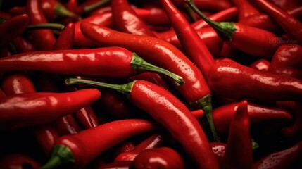 A vibrant close-up of fresh red chili peppers, displaying their glossy skins and green stems, creating a fiery and appetizing visual.