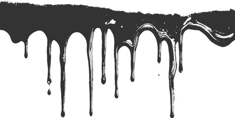 Dark gray paint dripping down from a textured surface onto a white background liquid