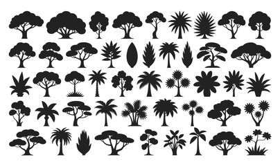 Obraz premium A diverse collection of black tree and plant silhouettes for natural and graphic design themes.
