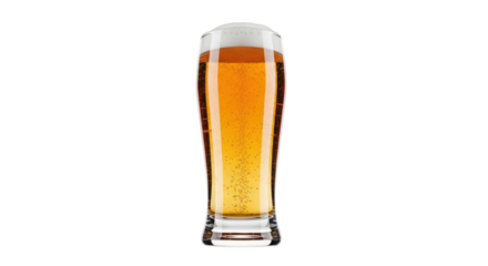 Isolated glass of golden pilsner beer with head and bubbles, full pint of ale or lager