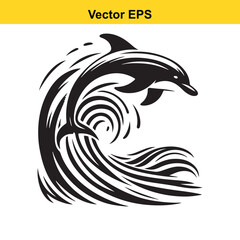 Black and white vector illustration of a dolphin jumping through a stylized ocean wave