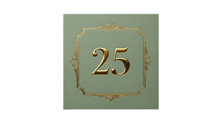 Isolated sign of building number twenty-five in a gilded frame on a textured background