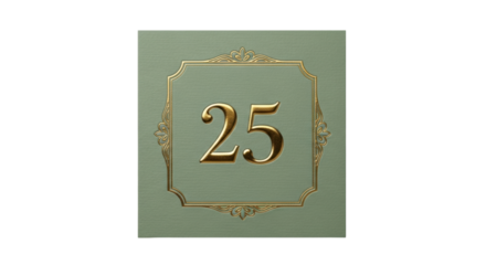 Isolated sign of building number twenty-five in a gilded frame on a textured background