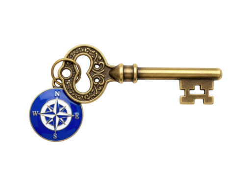 Isolated key with compass keychain, golden metal, travel accessory, navigation, antique