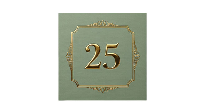 Isolated sign of building number twenty-five in a gilded frame on a textured background