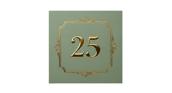 Isolated sign of building number twenty-five in a gilded frame on a textured background