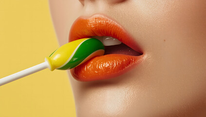 Close-up of vibrant orange lips holding a colorful lollipop.
