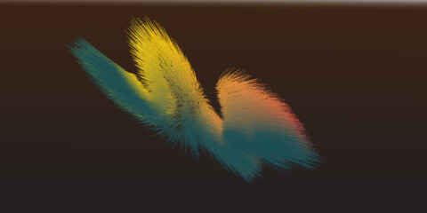 An abstract, dark digital background featuring a dynamic, volumetric, and wing-like or brushstroke-shaped form, composed of dense, fine, short, and textured radiating lines, exhibiting a vibrant color