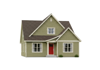 Isolated front view of a classic suburban house with green walls and a brown roof in daytime