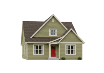 Isolated front view of a classic suburban house with green walls and a brown roof in daytime