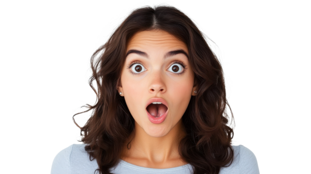 Surprised woman expressing shock with wide eyes and open mouth in a light-colored sweater against a white backdrop.