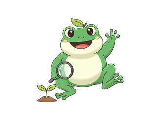 Obraz premium Friendly green frog character holding a magnifying glass and waving hello with a small seedling growing from soil isolated on black background