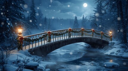 Moonlit snowy bridge with red ribbons golden ornaments and gentle snowfall