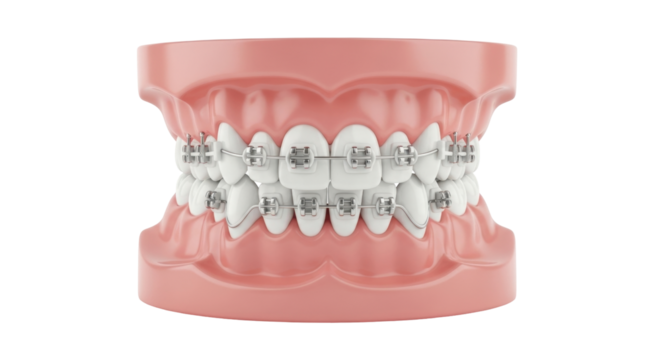 Isolated human jaw model with teeth and metal braces, orthodontic alignment treatment